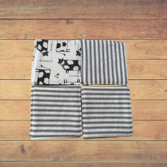 Fabric Coasters, Set Of 4, Reversible Cows and Black and White Ticking - Picture 6 of 6
